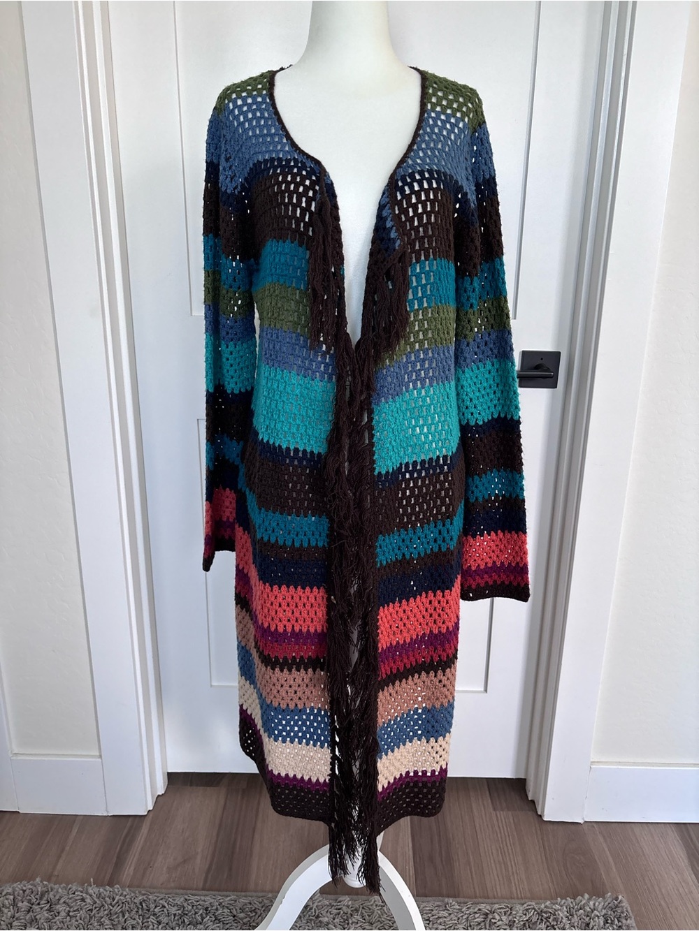 Multicolor Open Knit Long Cardigan Sweater